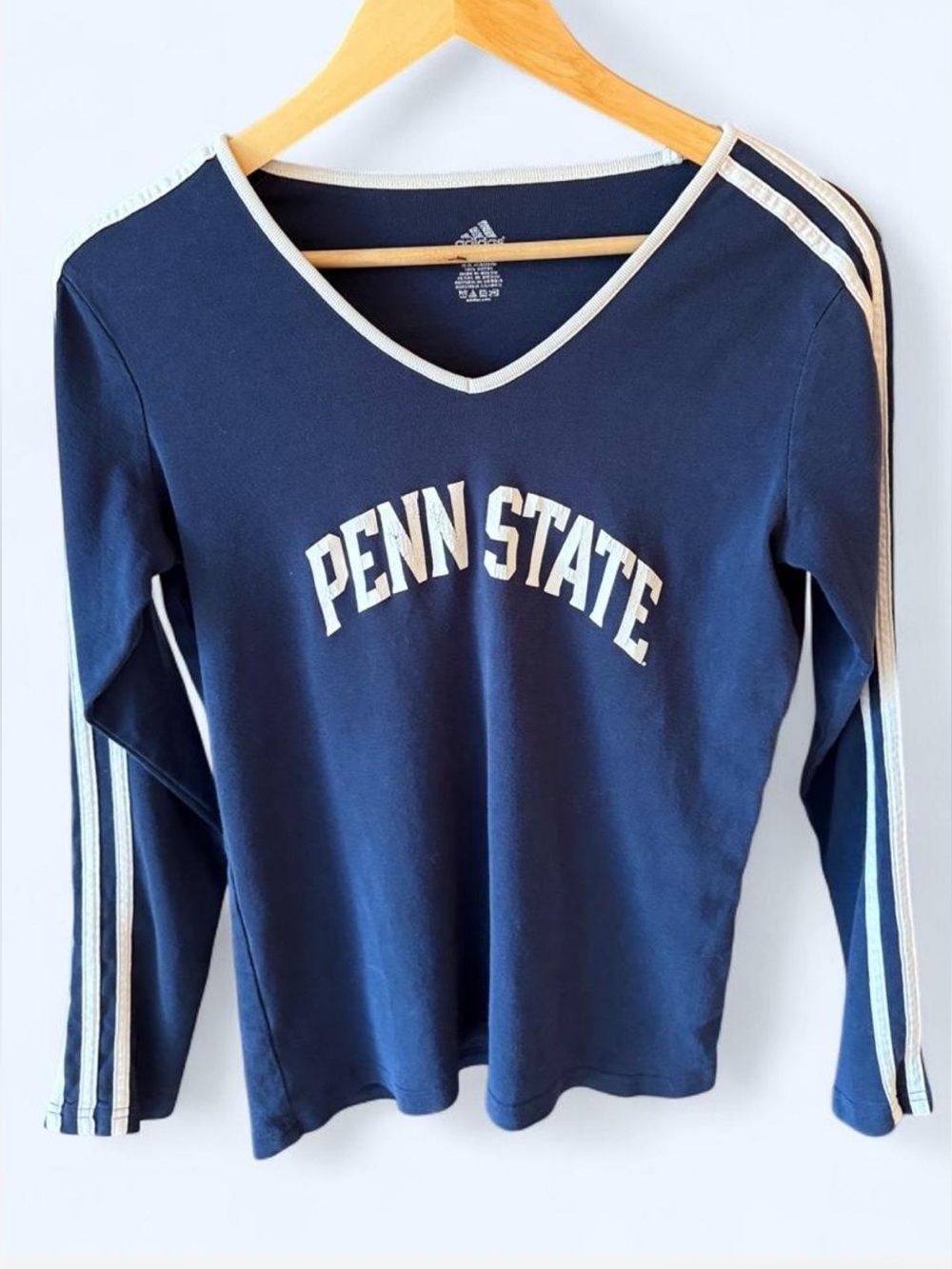 Adidas Penn State Long Sleeve V Neck 3 Stripe Shirt Navy Y2K M